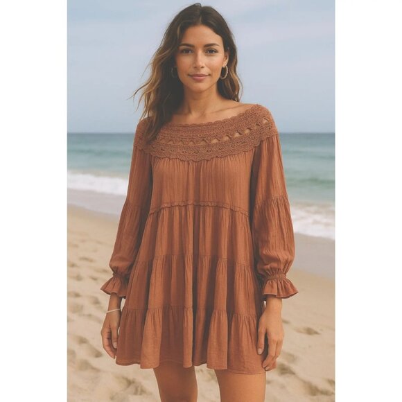 💖 Free People Tiered Long Sleeve Crochet Mini Dress - Picture 1 of 5